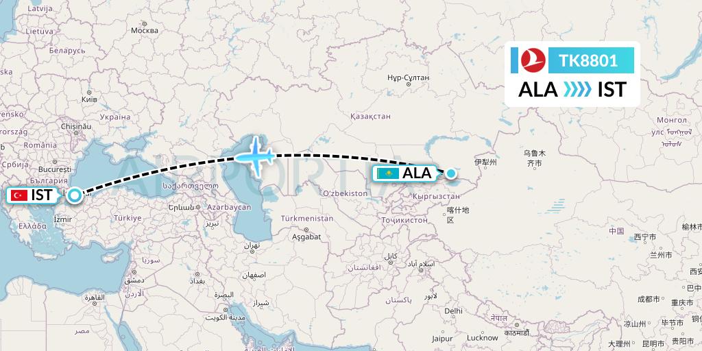 TK8801 Turkish Airlines Flight Map: Almaty to Istanbul
