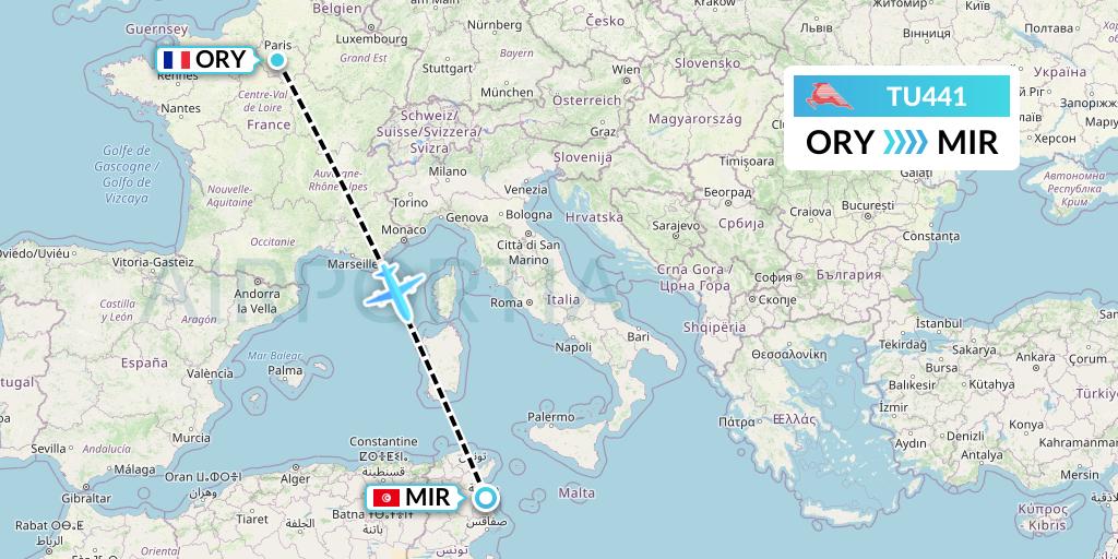 TU441 Tunisair Flight Map: Paris to Monastir