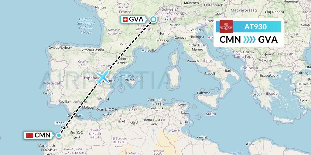 AT930 Royal Air Maroc Flight Map: Casablanca to Geneva