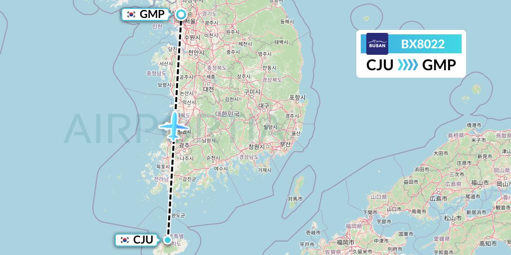 BX8022 Air Busan Flight Map: Jeju to Seoul