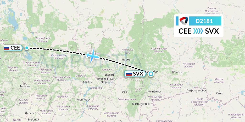 D2181 Severstal Aircompany Flight Map: Cherepovets to Yekaterinburg