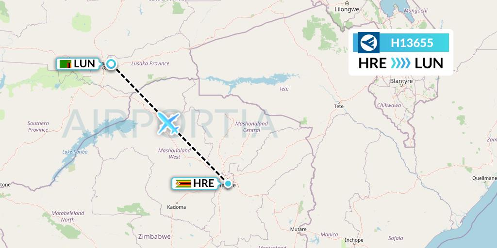 H13655 Hahn Air Systems Flight Map: Harare to Lusaka