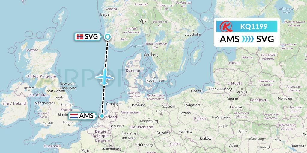 KQ1199 Kenya Airways Flight Map: Amsterdam to Stavanger