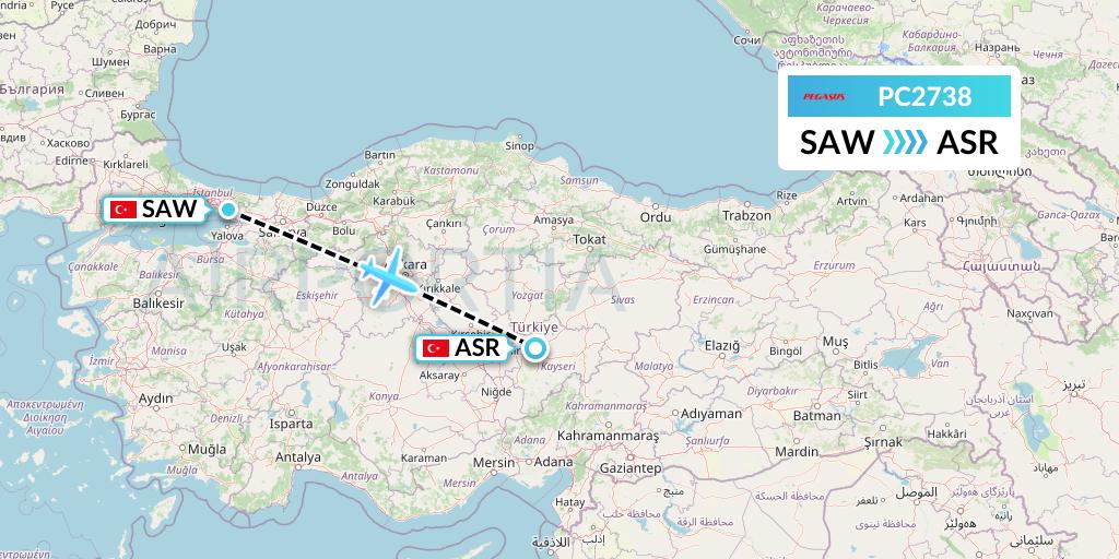 PC2738 Pegasus Airlines Flight Map: Istanbul to Kayseri