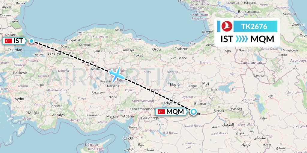 TK2676 Turkish Airlines Flight Map: Istanbul to Mardin