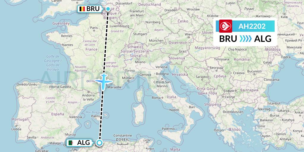 AH2202 Air Algerie Flight Map: Brussels to Algiers