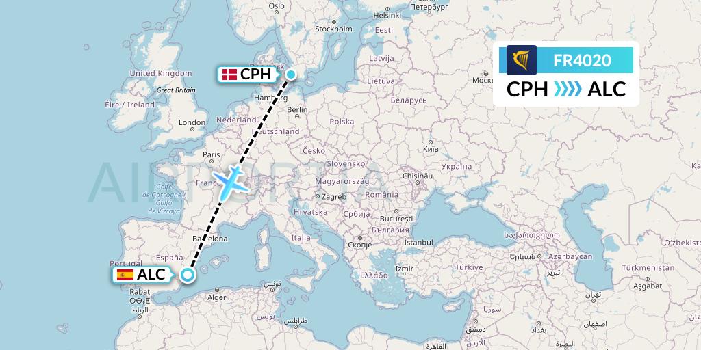 FR4020 Ryanair Flight Map: Copenhagen to Alicante