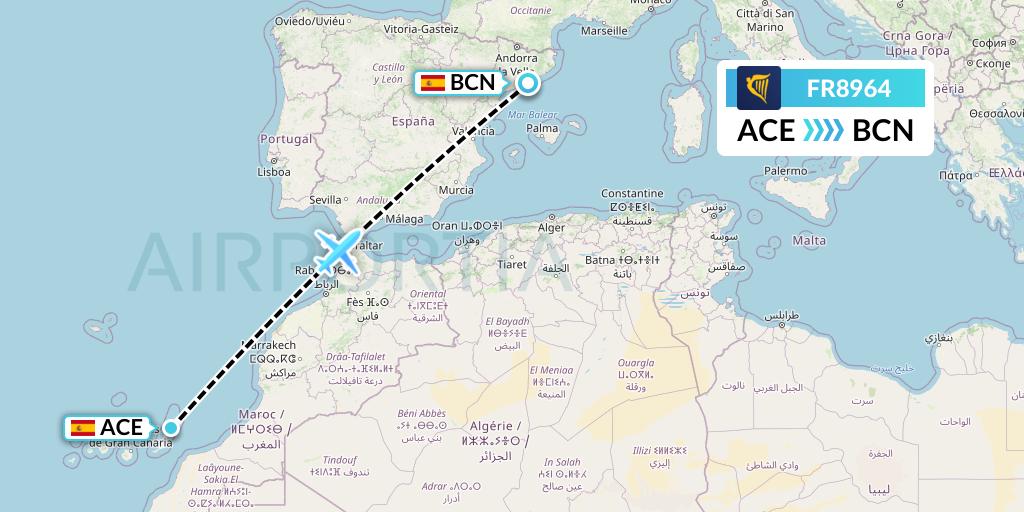 FR8964 Ryanair Flight Map: Lanzarote to Barcelona