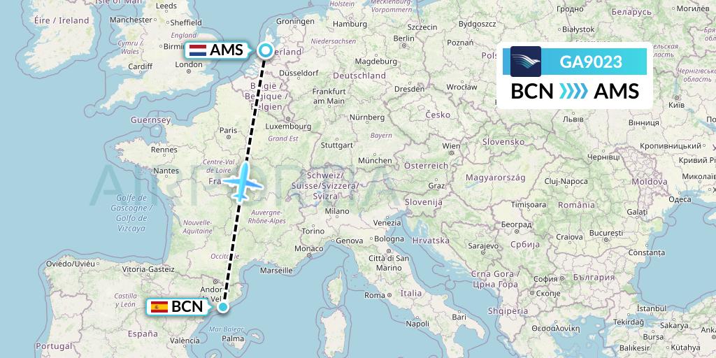GA9023 Garuda Indonesia Flight Map: Barcelona to Amsterdam