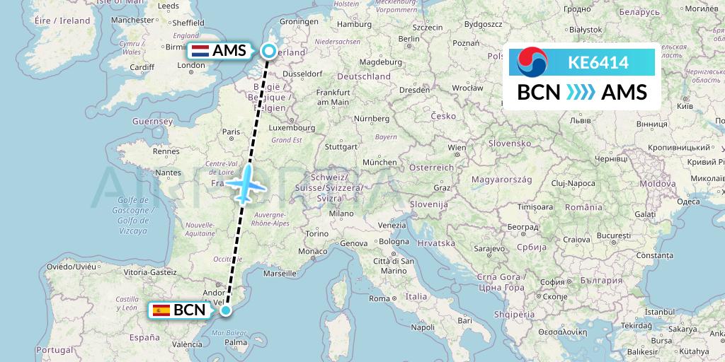 KE6414 Korean Air Flight Map: Barcelona to Amsterdam