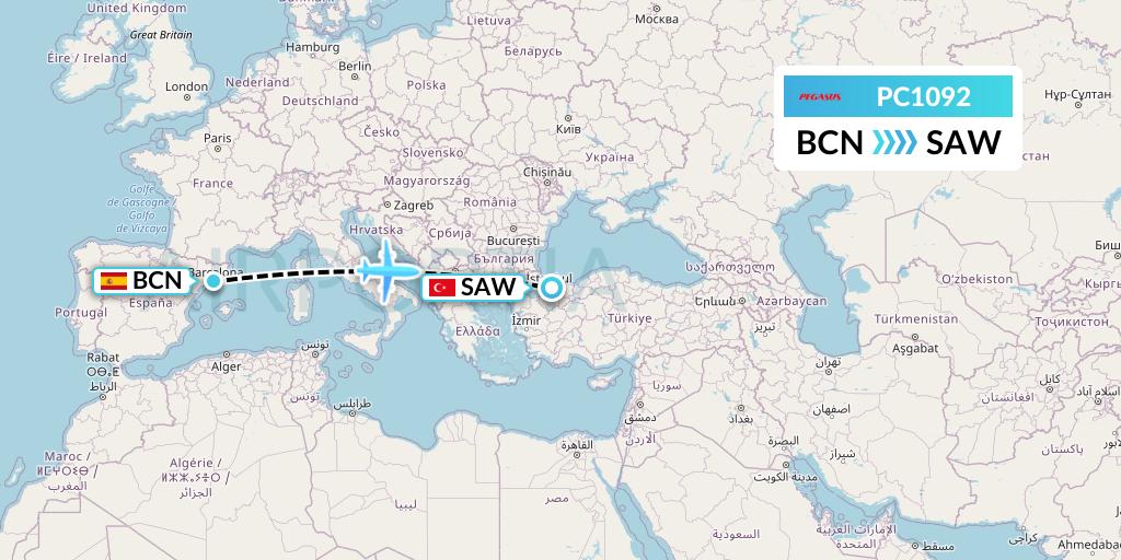 PC1092 Pegasus Airlines Flight Map: Barcelona to Istanbul