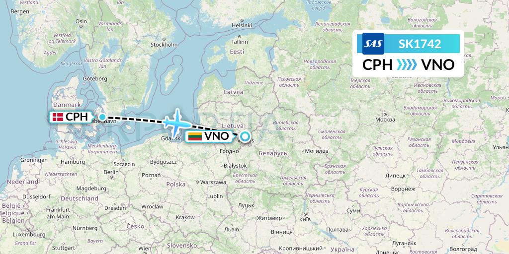 SK1742 SAS Flight Map: Copenhagen to Vilnius