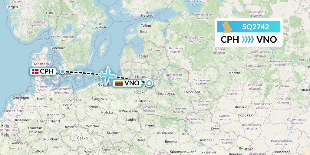SQ2742 Singapore Airlines Flight Map: Copenhagen to Vilnius