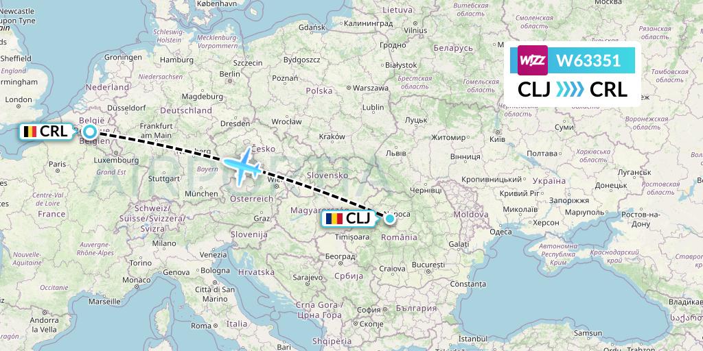 W63351 Wizz Air Flight Map: Cluj-Napoca to Brussels