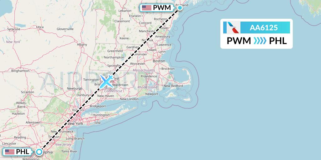 AA6125 American Airlines Flight Map: Portland to Philadelphia
