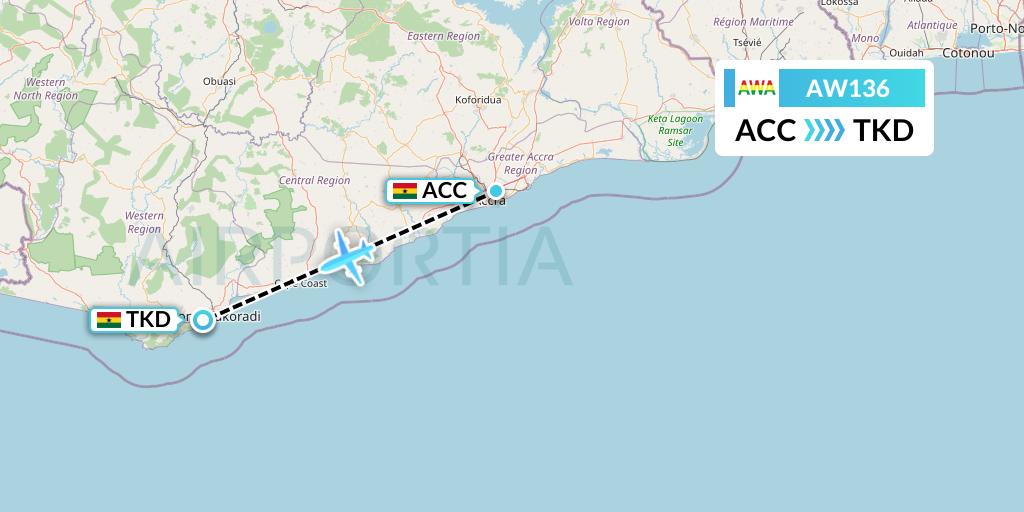AW136 Africa World Airlines Flight Map: Accra to Takoradi