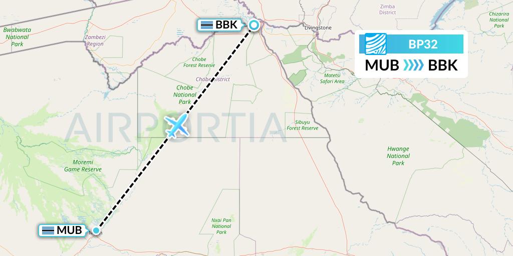 BP32 Air Botswana Flight Map: Maun to Kasane