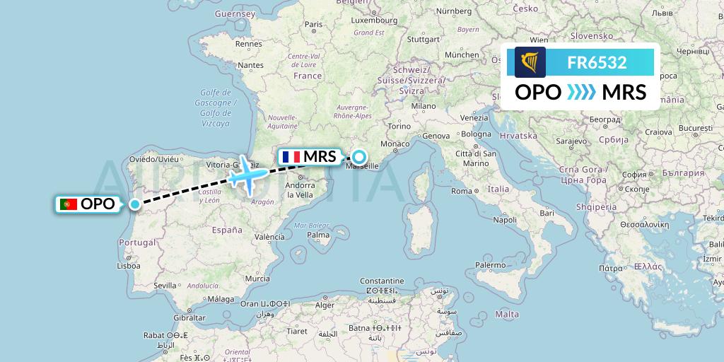 FR6532 Ryanair Flight Map: Porto to Marseille