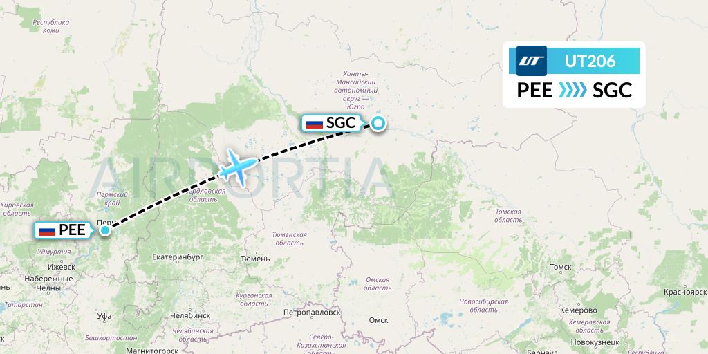 UT206 UTair Flight Map: Perm to Surgut