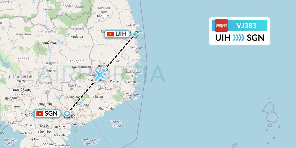 VJ383 VietJet Air Flight Map: Qui Nhon to Ho Chi Minh City