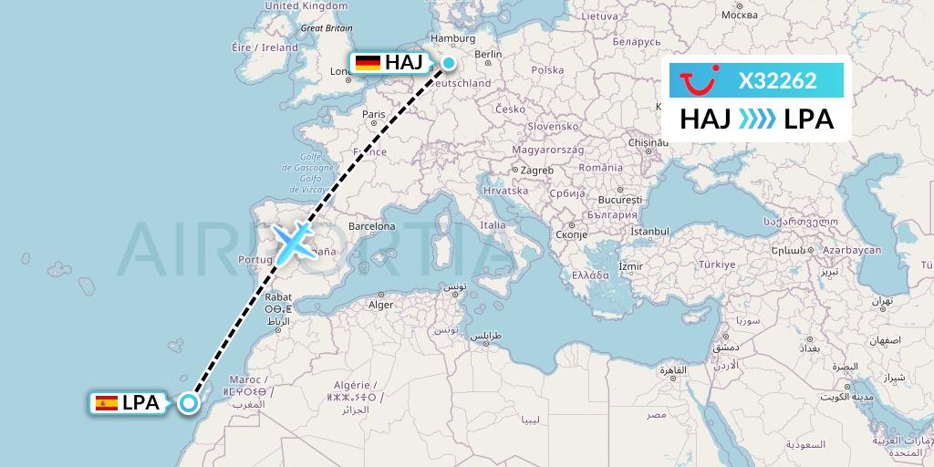 X32262 TUI fly Germany Flight Map: Hannover to Las Palmas