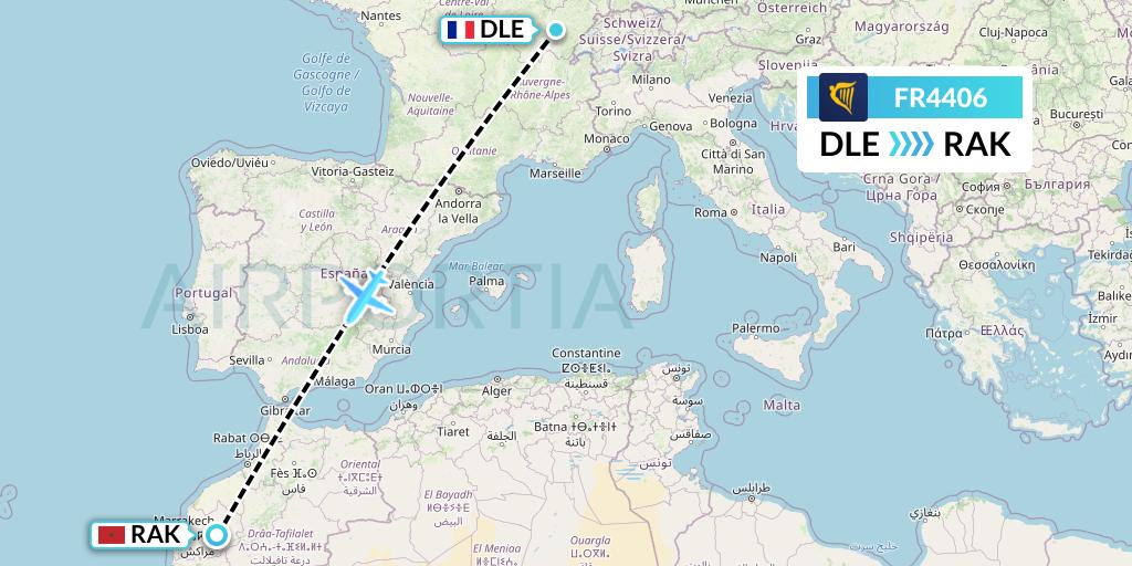 FR4406 Ryanair Flight Map: Dole to Marrakesh 