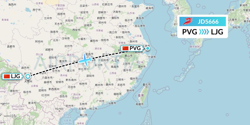 JD5666 Capital Airlines Flight Map: Shanghai to Lijiang