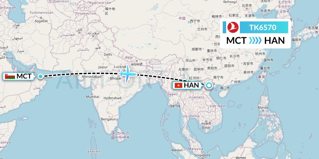 TK6570 Turkish Airlines Flight Map: Muscat to Hanoi