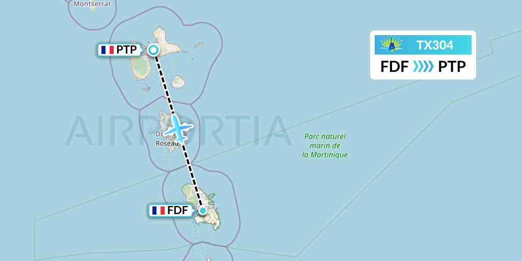 TX304 Air Caraibes Flight Map: Fort-de-France to Pointe-a-Pitre