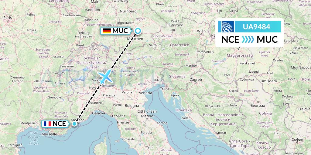 UA9484 United Airlines Flight Map: Nice to Munich