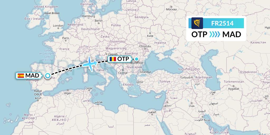FR2514 Ryanair Flight Map: Bucharest to Madrid