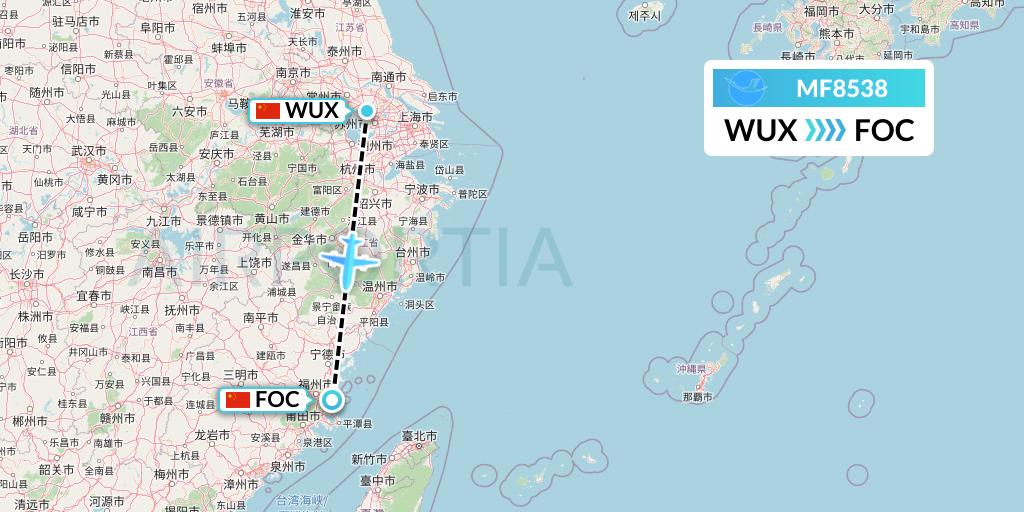 MF8538 Xiamen Airlines Flight Map: Wuxi to Fuzhou