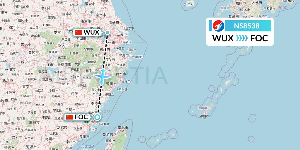 NS8538 Hebei Airlines Flight Map: Wuxi to Fuzhou