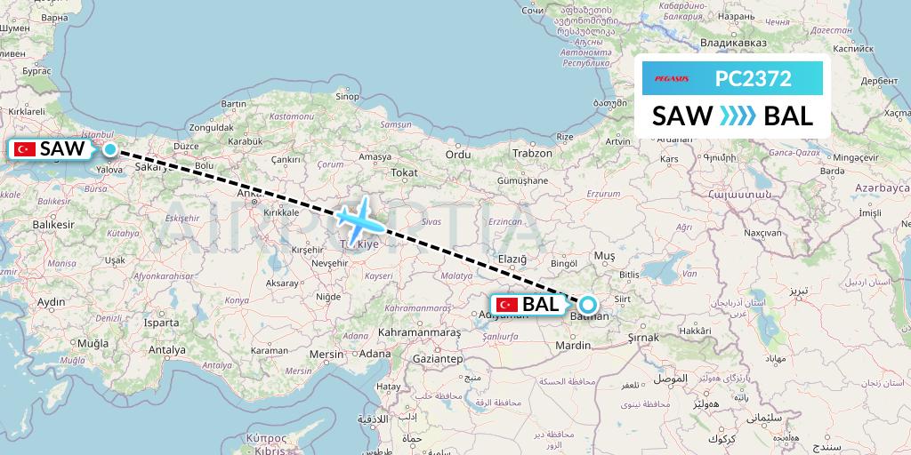 PC2372 Pegasus Airlines Flight Map: Istanbul to Batman