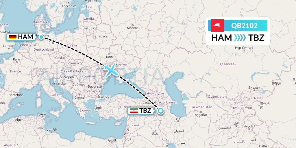 QB2102 Qeshm Airlines Flight Map: Hamburg to Tabriz