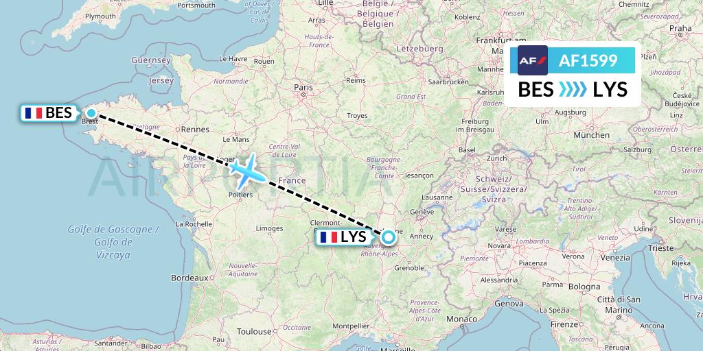 AF1599 Air France Flight Map: Brest to Lyon