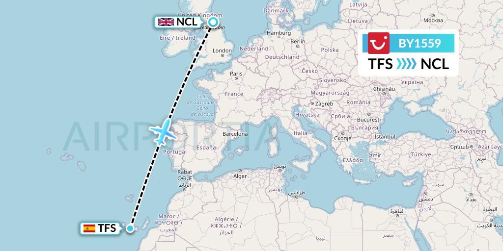 BY1559 TUI Airways Flight Map: Tenerife to Newcastle