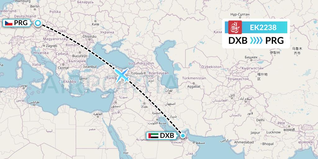 EK2238 Emirates Flight Map: Dubai to Prague