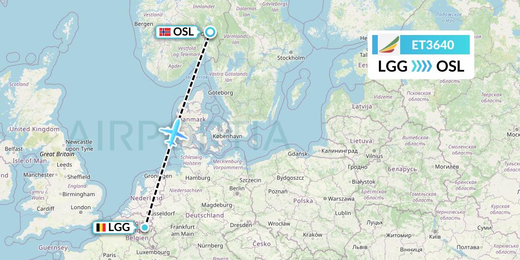 ET3640 Ethiopian Airlines Flight Map: Liege to Oslo