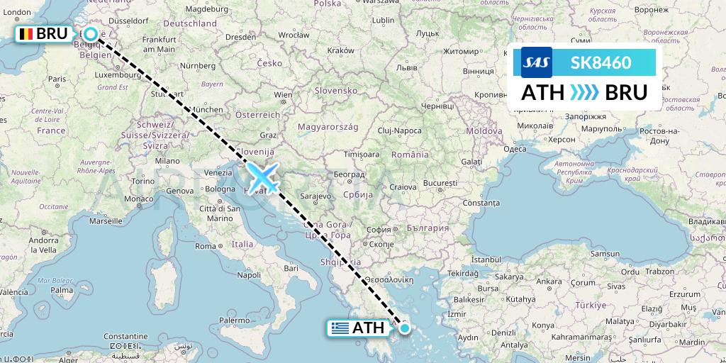 SK8460 SAS Flight Map: Athens to Brussels