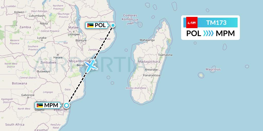 TM173 LAM Mozambique Airlines Flight Map: Pemba to Maputo