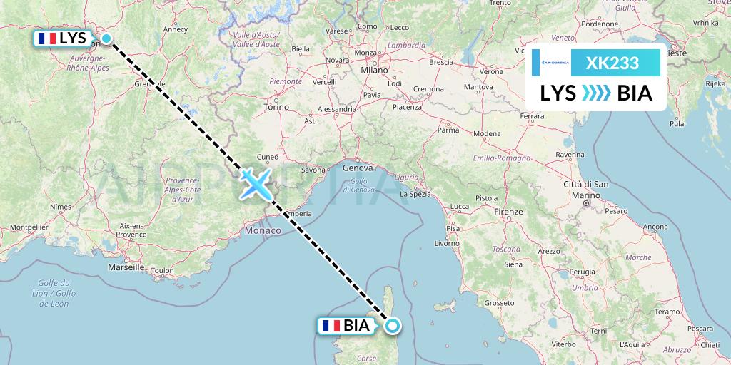 XK233 Air Corsica Flight Map: Lyon to Bastia