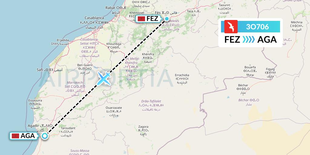 3O706 Air Arabia Maroc Flight Map: Fes to Agadir
