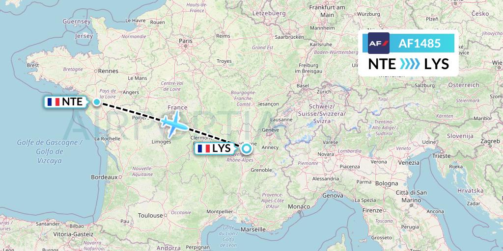 AF1485 Air France Flight Map: Nantes to Lyon