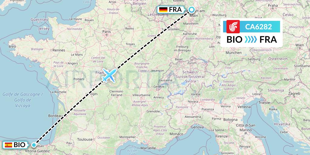 CA6282 Air China Flight Map: Bilbao to Frankfurt