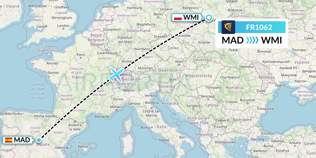 FR1062 Ryanair Flight Map: Madrid to Warsaw