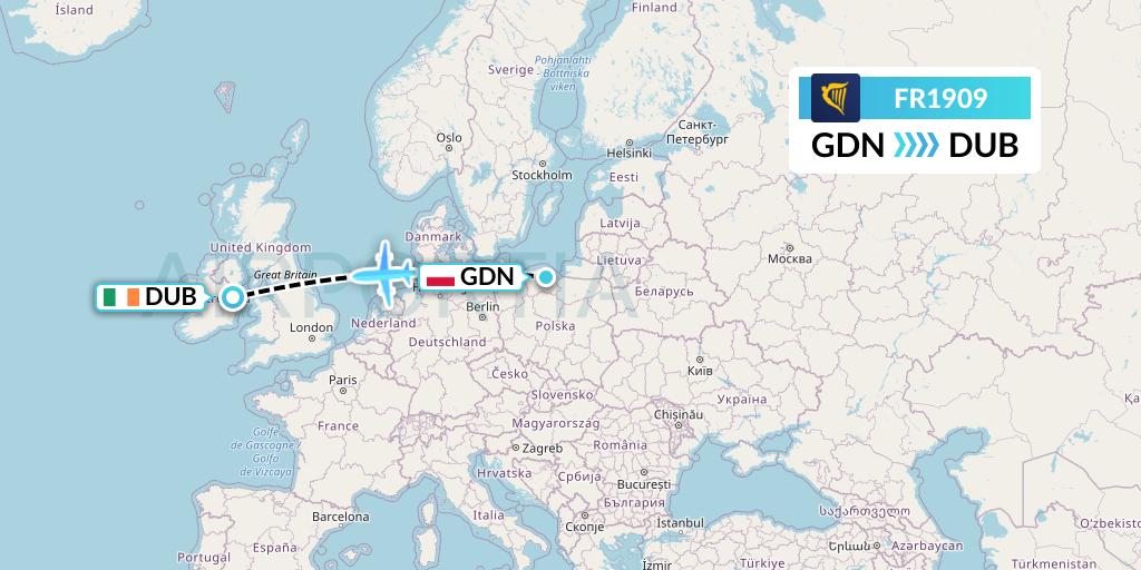 FR1909 Ryanair Flight Map: Gdansk to Dublin