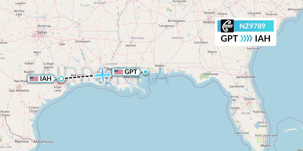 NZ9789 Air New Zealand Flight Map: Gulfport to Houston