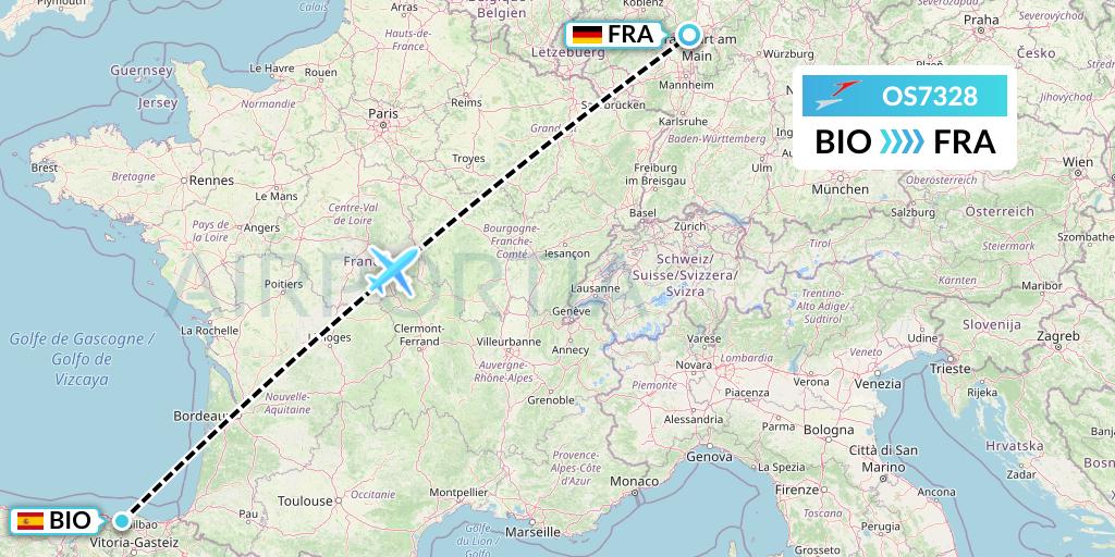 OS7328 Austrian Airlines Flight Map: Bilbao to Frankfurt