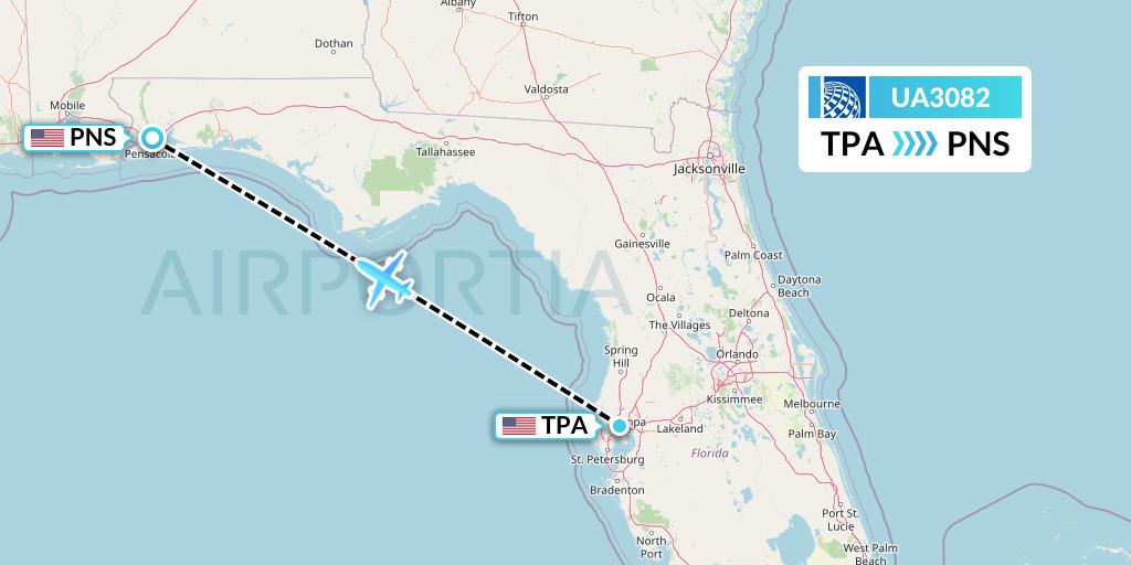 UA3082 United Airlines Flight Map: Tampa to Pensacola